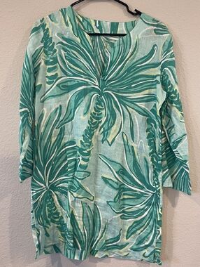 Lilly Pulitzer Women 100% Linen Blue White Tropical Leaf Print Long Sleeve Dress